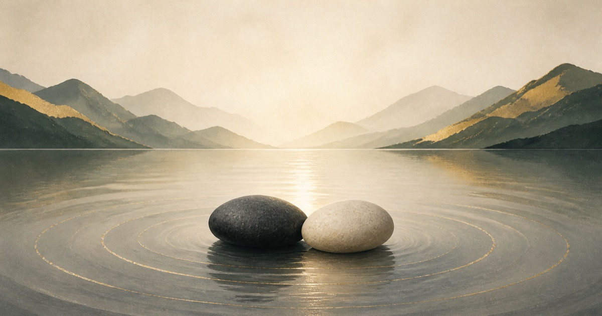 Two smooth stones surrounded by settling ripples against a calm mountain horizon